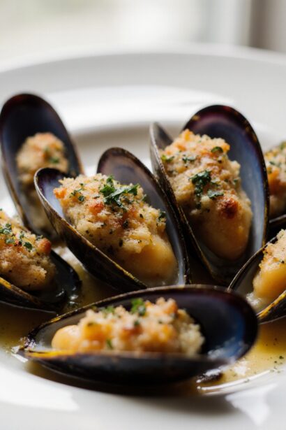Moules gratinées au Airfryer, savoureuses et garnies de fromage fondu
