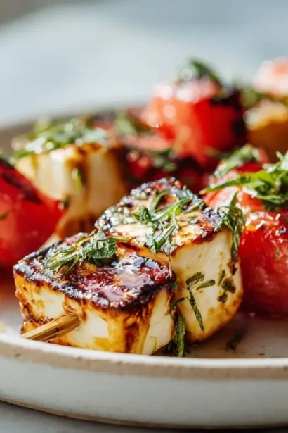 Brochettes de pastèque et halloumi préparées en Airfryer, savoureuses et colorées
