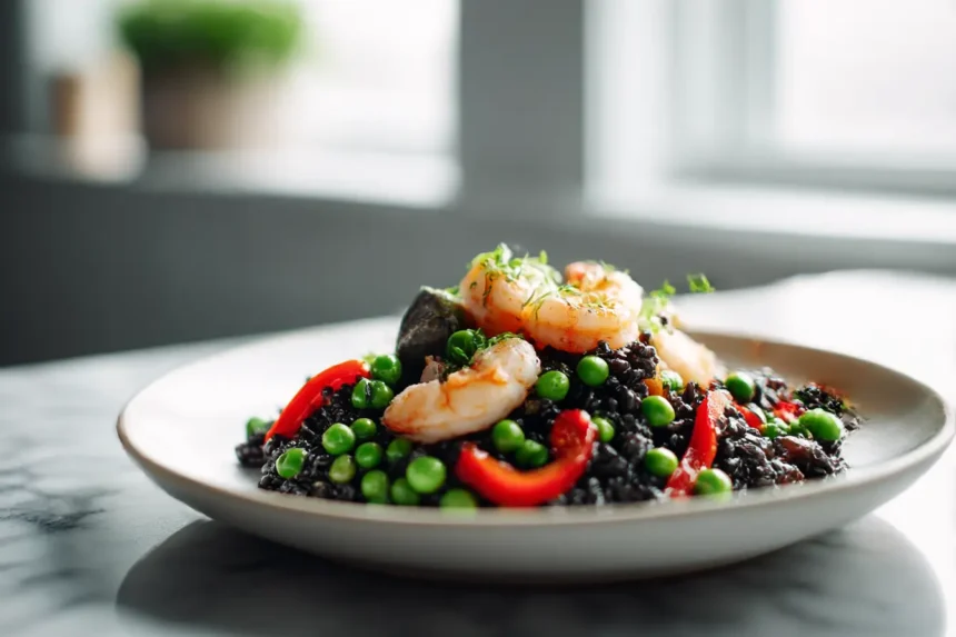 Paella de riz noir express au Airfryer, savoureuse et colorée