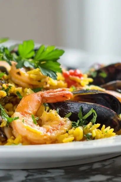Savoureuse paella fruits de mer au Airfryer, prête en un rien de temps.