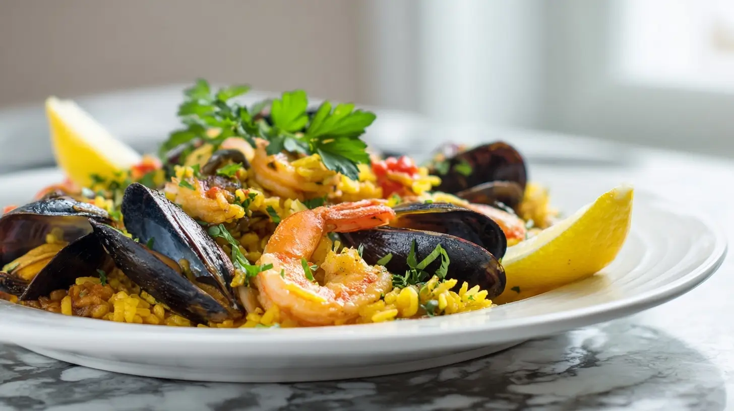 Savoureuse paella fruits de mer au Airfryer, prête en un rien de temps.