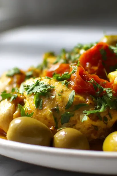 Tajine de poulet aux olives, savoureux et cuit à la perfection dans l'Airfryer.