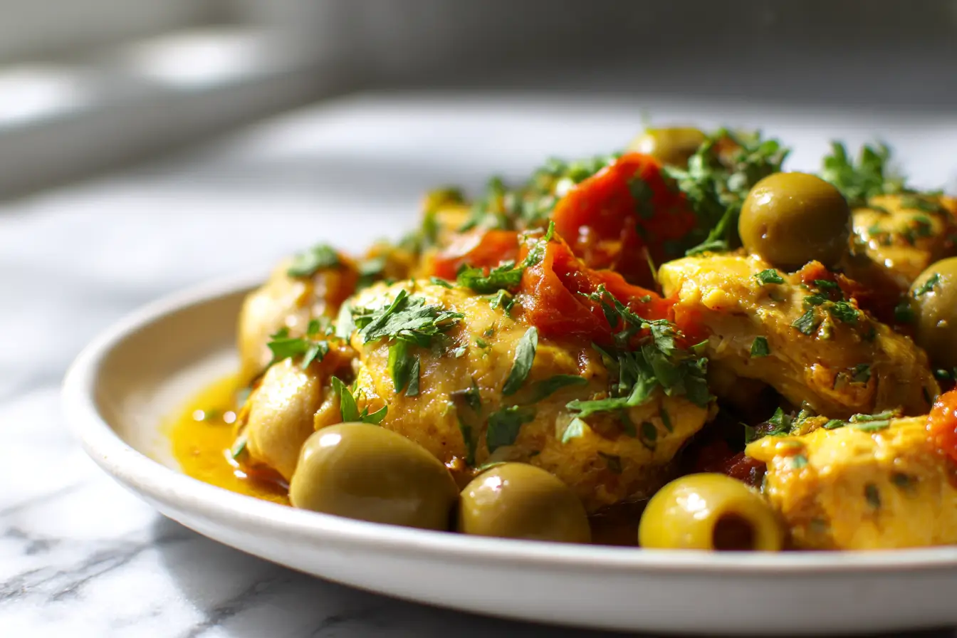 Tajine de poulet aux olives, savoureux et cuit à la perfection dans l'Airfryer.