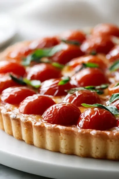 Délicieuse tarte fine aux tomates cerises cuite en Airfryer, croustillante et colorée.